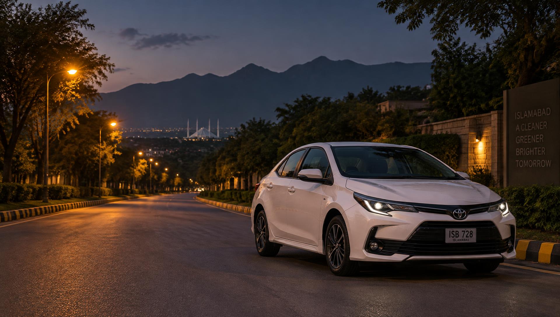 White sedan on an Islamabad street at dusk